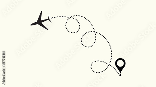 air plane flight route with start point and dash line trace. Various aircraft and destination location pins icons. Aircraft tracking, planes, travel, map