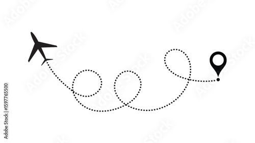 air plane flight route with start point and dash line trace. Various aircraft and destination location pins icons. Aircraft tracking, planes, travel, map
