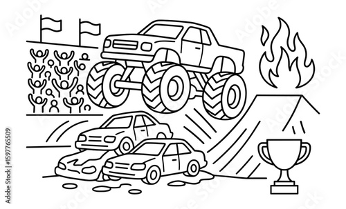 Monster truck jumping over cars in exciting arena line art scene