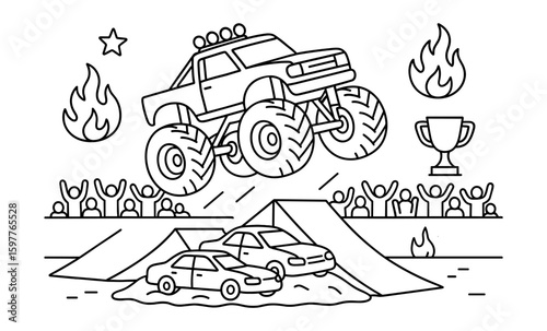 Monster truck stunt jump: exciting arena with cheerful crowd and trophy