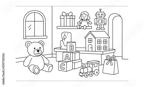 Children's playroom in black and white: toys and gifts in a cozy room