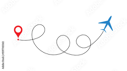 air plane flight route with start point and dash line trace. Various aircraft and destination location pins icons. Aircraft tracking, planes, travel, map