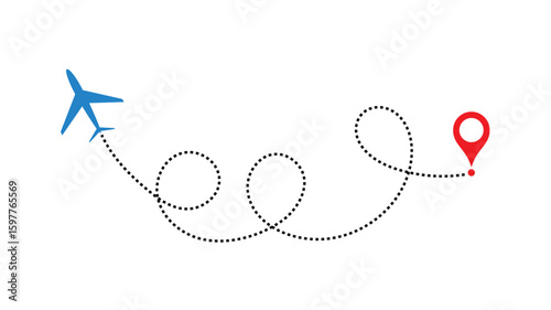 air plane flight route with start point and dash line trace. Various aircraft and destination location pins icons. Aircraft tracking, planes, travel, map