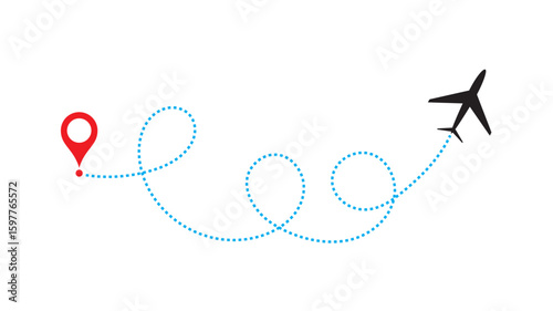 air plane flight route with start point and dash line trace. Various aircraft and destination location pins icons. Aircraft tracking, planes, travel, map