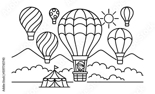 Whimsical hot air balloons in scenic landscape with circus tent and sunshine