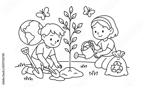 Kids planting seedlings for earth day coloring page