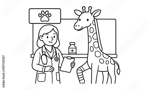 Cute giraffe visits veterinarian office for checkup in line art style
