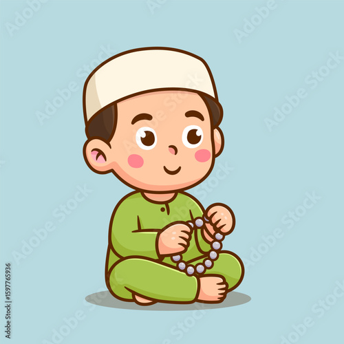 cute boy muslim sitting cartoon vector icon illustration