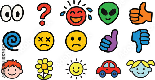 Colorful Kids Doodle Cute Collection of Emotions and Playful Icons.