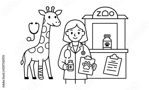 Zoo veterinarian with friendly giraffe and medical supplies in simple line art