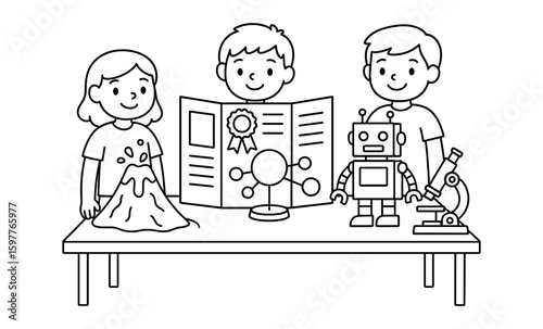 Children exploring science with experiments and robotics in black and white outline art