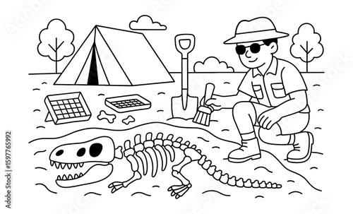 Coloring page of archaeologist discovering dinosaur fossil with tent and tools in outdoor setting