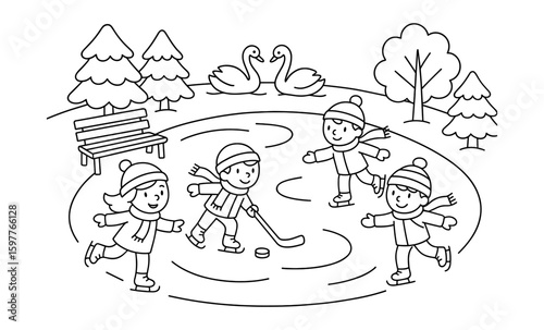 Kids enjoying ice skating and hockey on a winter pond