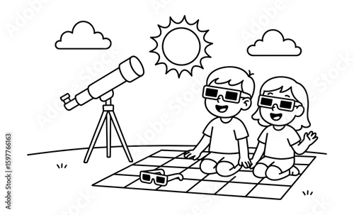 Children stargazing with telescope and glasses in line art style