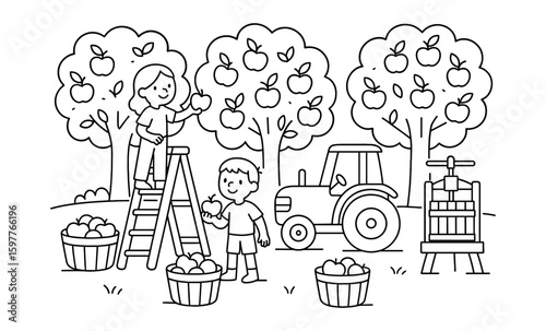 Harvesting apples: child-friendly black and white farm scene with tractor and trees