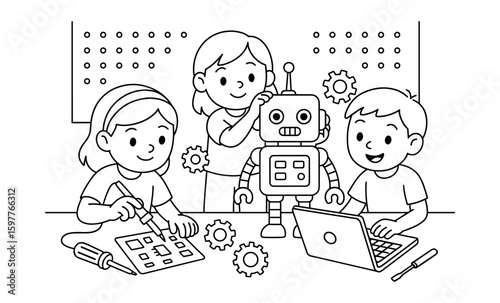 Kids building robots in classroom with coding activities and digital tools