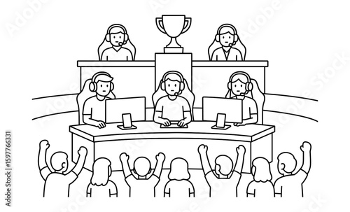 Competitive gaming tournament with enthusiastic fans and trophy in outline style