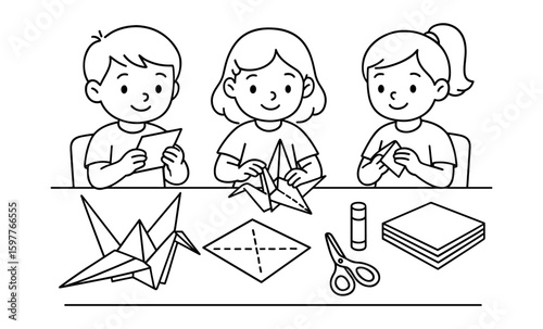 Children crafting origami: creative line art of kids making paper art