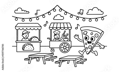 Fun food festival: happy pizza and tacos in linear street fair scene