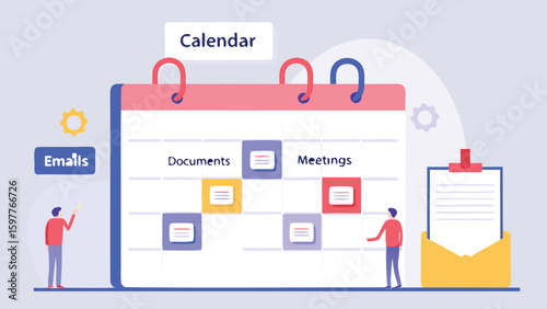 Illustration of a calendar with appointments, emails, documents, and meetings scheduled for planning 100