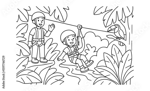 Coloring page of kids ziplining adventure with jungle animals