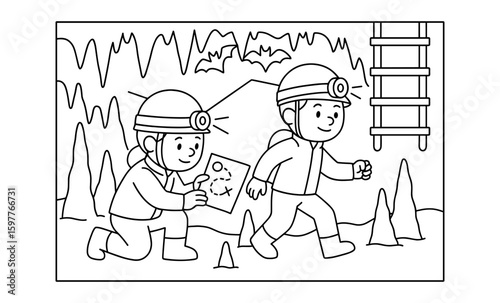 Adventurous cave exploration in playful comic style featuring children with helmets