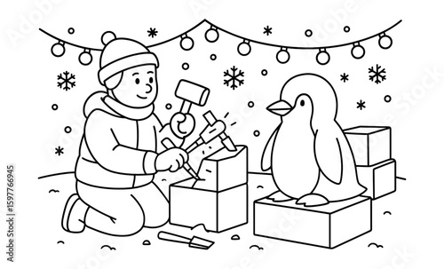 Child sculpting ice blocks with penguin in winter wonderland line art