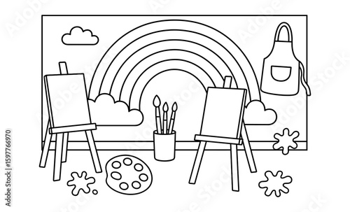 Coloring page for kids with easels, rainbow, and art supplies in black and white outline