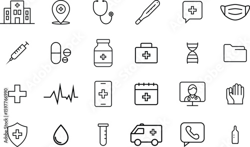 Outline Medical Icon Set Featuring Healthcare and Emergency Symbols.