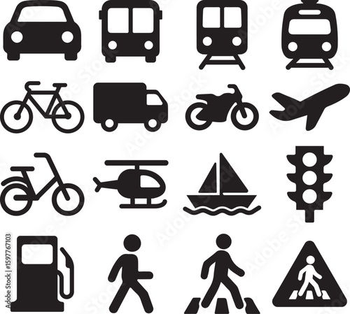 Simple Black Silhouette Icon Set of Various Transport and Traffic Symbols.
