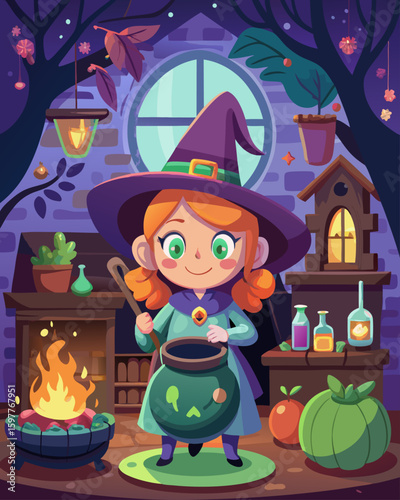 Cute Halloween Witch Brewing Magic Potion in Cozy Cottage – Cartoon Illustration