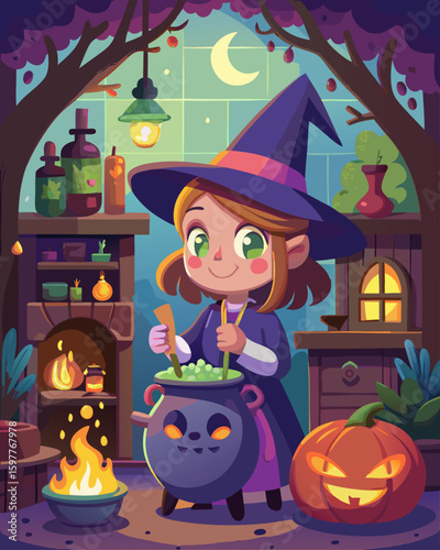 Cute Halloween Witch Brewing Magic Potion in Cozy Cottage – Cartoon Illustration