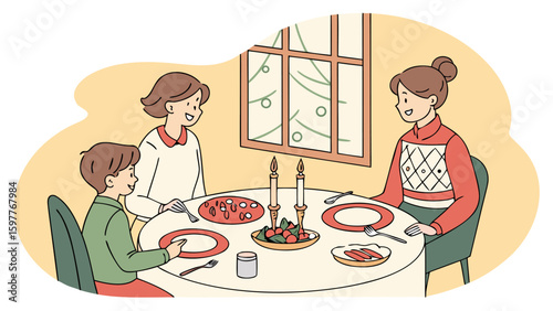 A happy family enjoys a festive meal together around a candlelit table with a decorated christmas tree visible through the window creating a warm and joyful holiday atmosphere