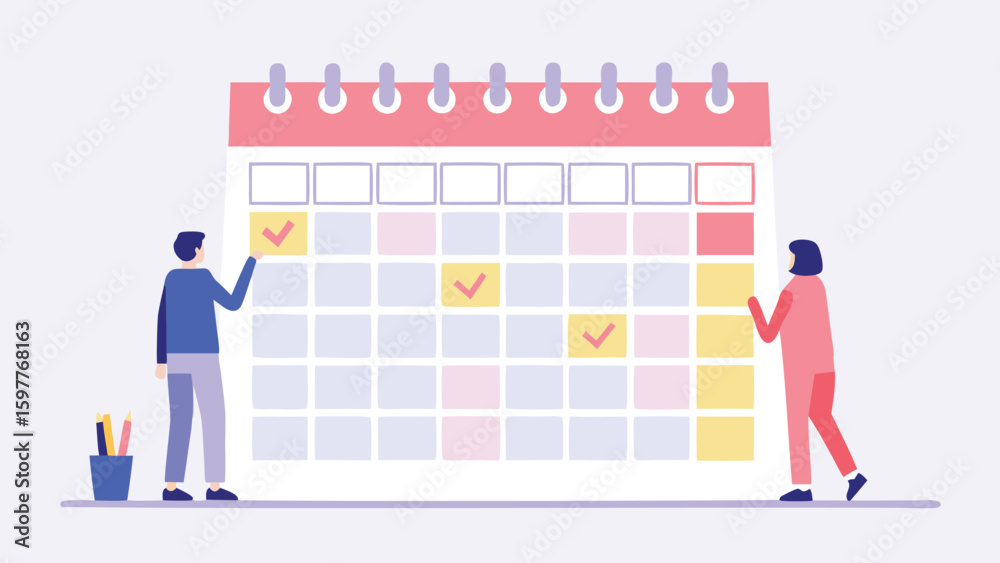 Obraz premium People interacting with a large calendar with marked dates and a container of writing tools present