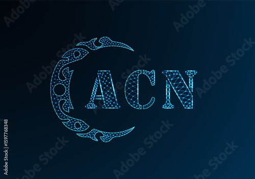 Low poly letter logo ACN design. ACN letter logo low poly vector design on blue color gradient background. ACN logo low poly design