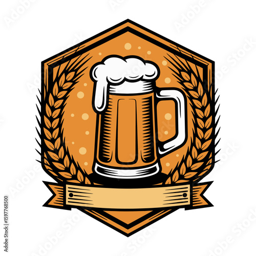Beer Mug with Foam and Wheat Badge Vector Illustration