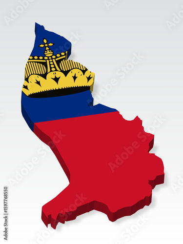 3D  Liechtenstein map with flag. Three dimensional map of Liechtenstein with shadow. Flag of Liechtenstein on white background for your design, app, UI.  Stock vector. EPS10.