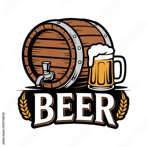 Beer Barrel and Mug with Foam Vector Illustration