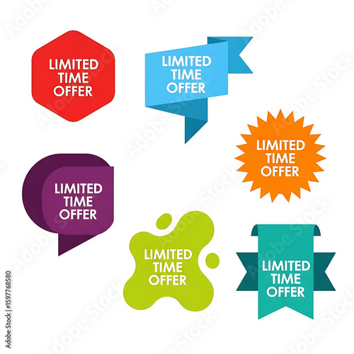 Colorful limited time offer badges and banners for promotions and sales with various shapes and sizes ideal for marketing purposes with professional high quality composition
