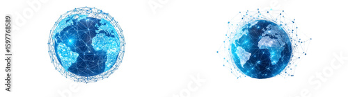 A blue globe with a network of lines connecting it. The globe is surrounded isolated on a transparent background