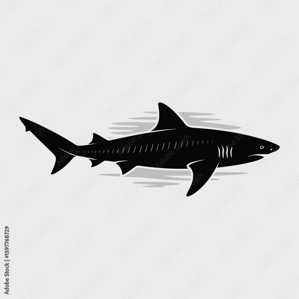 Naklejka premium Beautiful black shark silhouette vector illustration white background.