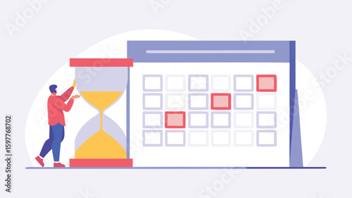 Man adjusting hourglass next to calendar with marked dates for planning and scheduling tasks effectively