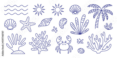 Hand Drawn Summer Vintage Icon Set – Palm Tree, Sun, Sea, Coral, Seashells in Doodle Sketch Style – Whimsical Italian Travel and Ocean Illustration for Print Design


