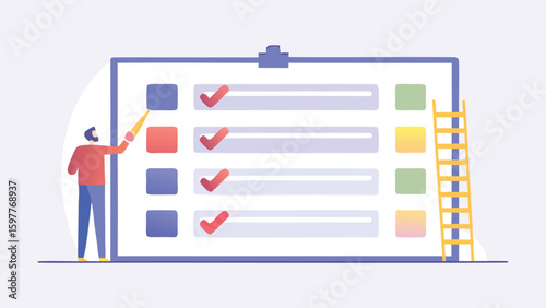 Man pointing at checklist with ladder on the side and checkmarks indicating completed items on the list