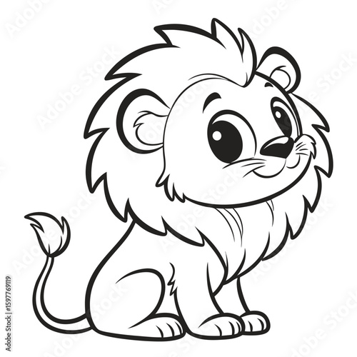 Cute stylized cartoon lion cub sitting and looking isolated on white background