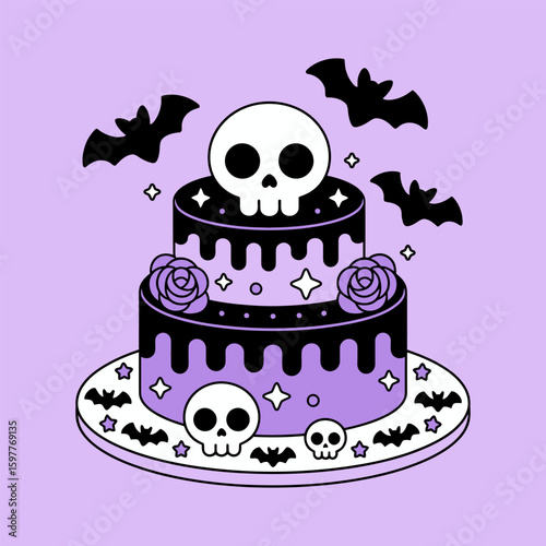 Cute Gothic Halloween Cake with Skulls and Bats Illustration