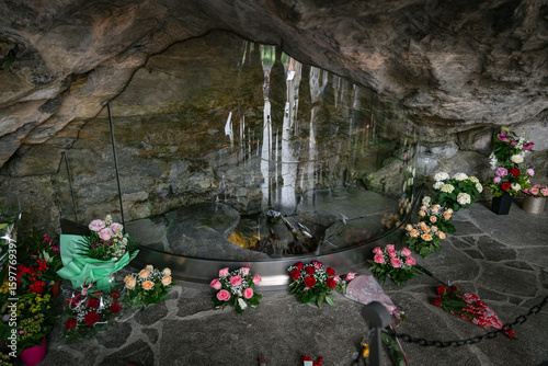 flowers at the Massabielle Grotto in Lourdes, France, Europe