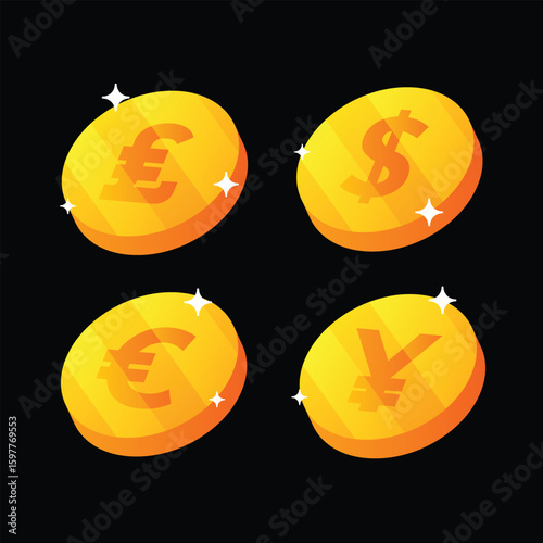 Set of most traded currencies in the world. Populer currency symbol icon with us dollar, euro, japanese yen, poundsterling. Vector illustration isolated on black background 