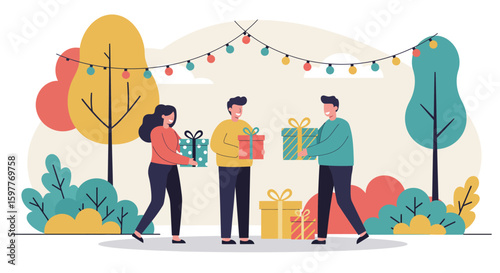 Minimal flat design of friends exchanging gifts, set in a colorful park scene with trees and string lights.