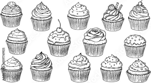 A collection of cupcake illustrations isolated on white background in black and white

